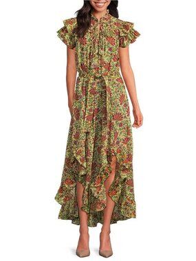 Mo Maya New Bird V-Neck Short Sleeve Belted High Low Midi Dress